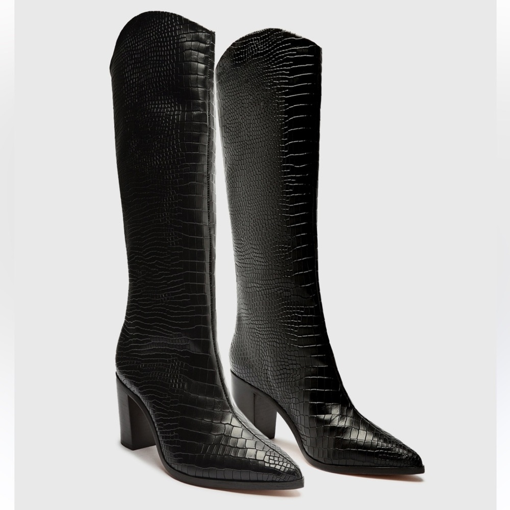 SCHUTZ Maryana Crocodile-Embossed Leather Block Mid-Heeled Boots (8.5)